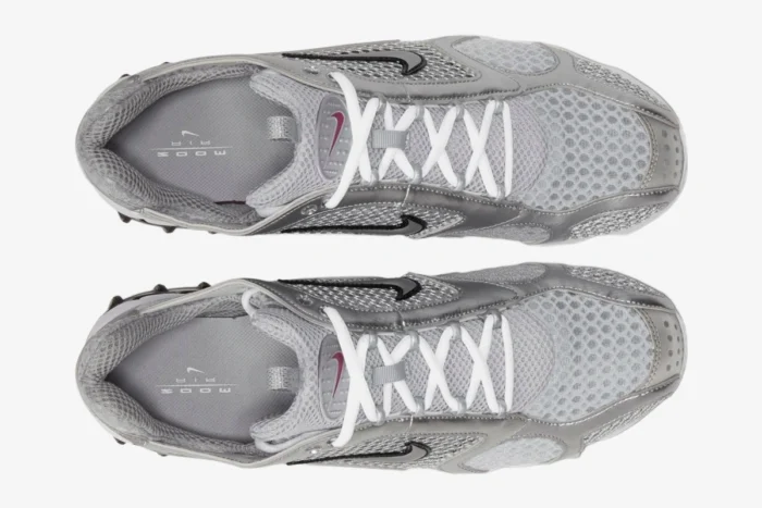 Top-down view of Nike Air Zoom Spiridon Cage 2 sneakers in metallic silver with white laces. - SKU CJ1288-001