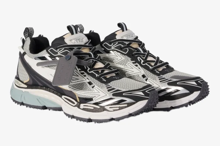 Off-White Be Right Back black, white, and grey sneakers shown from a three-quarter angle. - SKU OMIA295C99FAB0010510