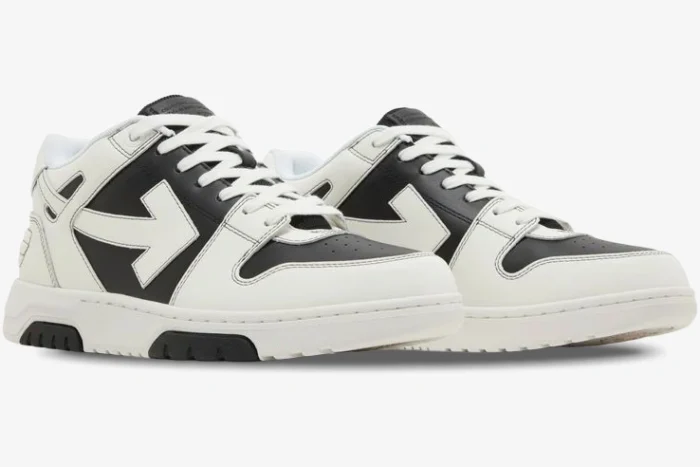 Off-White Out of Office Low 'Stormtrooper' sneakers in white and black leather, three-quarter side view. - SKU OMIA189S24LEA0041001