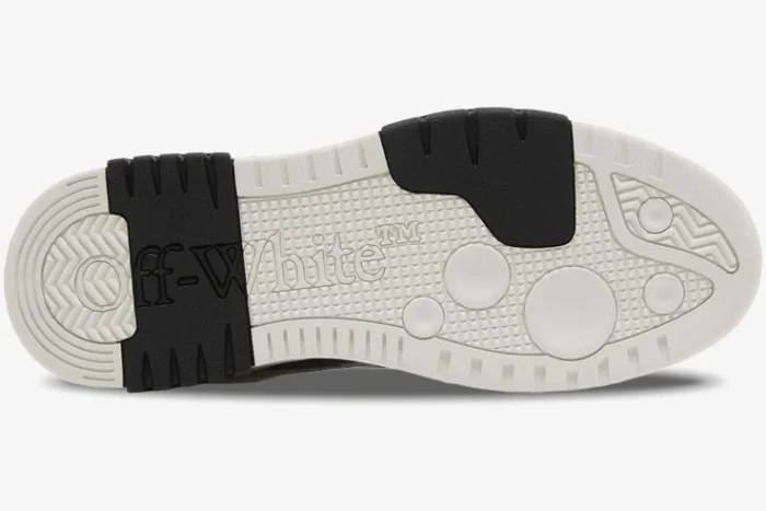 Bottom view of Off-White Out of Office Low Stormtrooper sneaker sole in white and black with embossed logo. - SKU OMIA189S24LEA0041001