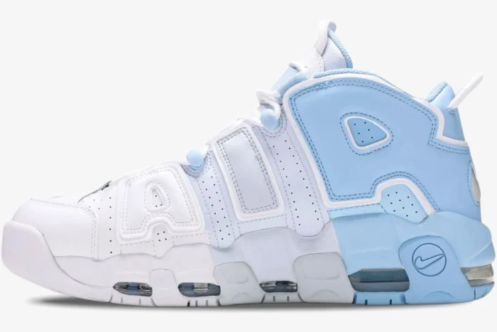 Nike Air More Uptempo Psychic Blue Sky sneakers in a side profile view featuring a white and light blue colorway. - SKU DJ5159-400
