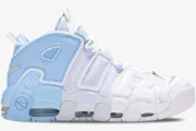 Nike Air More Uptempo Psychic Blue Sky sneaker in a side profile view featuring a white and light blue split design. - SKU DJ5159-400