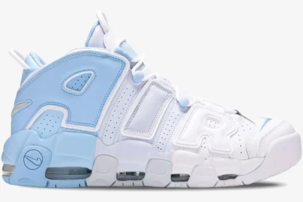 Nike Air More Uptempo Psychic Blue Sky sneaker in a side profile view featuring a white and light blue split design. - SKU DJ5159-400