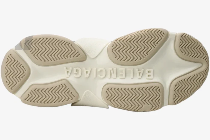 Bottom view of Balenciaga Triple S Curry sneakers showing the cream and tan rubber outsole with logo. - SKU 533882W09O22311