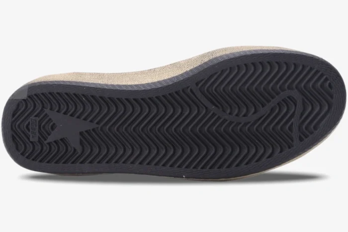 Bottom sole of a Golden Goose Ball Star sneaker in black with herringbone pattern and star logo. - SKU GWF00117.F002570.10925