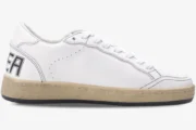 Side profile of a Golden Goose Ball Star Retro white distressed leather sneaker with a tan midsole. - SKU GMF00117.F000638.10273