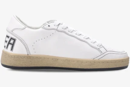Side profile of a Golden Goose Ball Star Retro white distressed leather sneaker with a tan midsole. - SKU GMF00117.F000638.10273