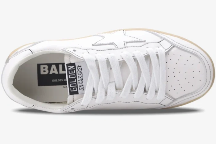 Top-down view of Golden Goose Ball Star Retro White distressed leather sneakers with white laces. - SKU GMF00117.F000638.10273