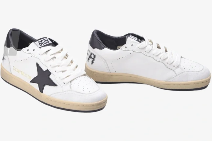 Golden Goose Ball Star Sport sneakers in white and black, side and back perspective on white background. - SKU GMF00117.F002554.10100