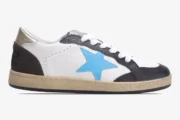 Golden Goose Ball Star sneaker in white leather with blue star and brown suede heel, side view. - SKU GMF00117.F002573.10915