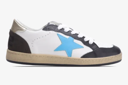Golden Goose Ball Star sneaker in white leather with blue star and brown suede heel, side view. - SKU GMF00117.F002573.10915