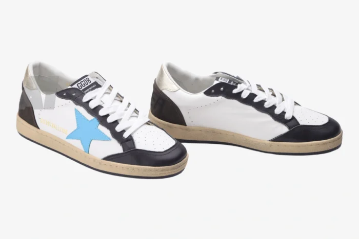 Golden Goose Ball Star white leather sneakers with light blue star and brown suede heel, three-quarter view. - SKU GMF00117.F002573.10915