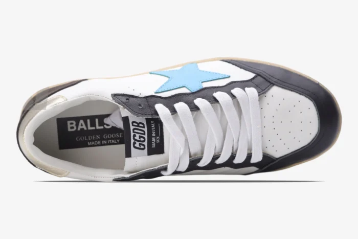 Top-down view of Golden Goose Ball Star sneakers in white, brown, and blue leather with white laces. - SKU GMF00117.F002573.10915