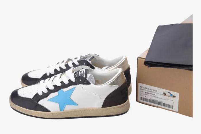 Golden Goose Ball Star sneakers in white, brown, and blue leather with box, side profile view. - SKU GMF00117.F002573.10915