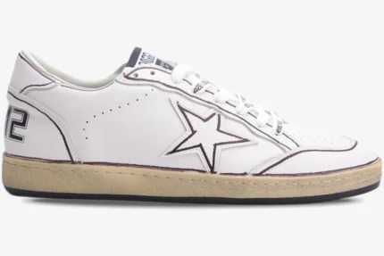 Side view of a white Golden Goose Ball Star sneaker featuring brown outlines and a cream-colored midsole. - SKU GMF00117.F002575.10915