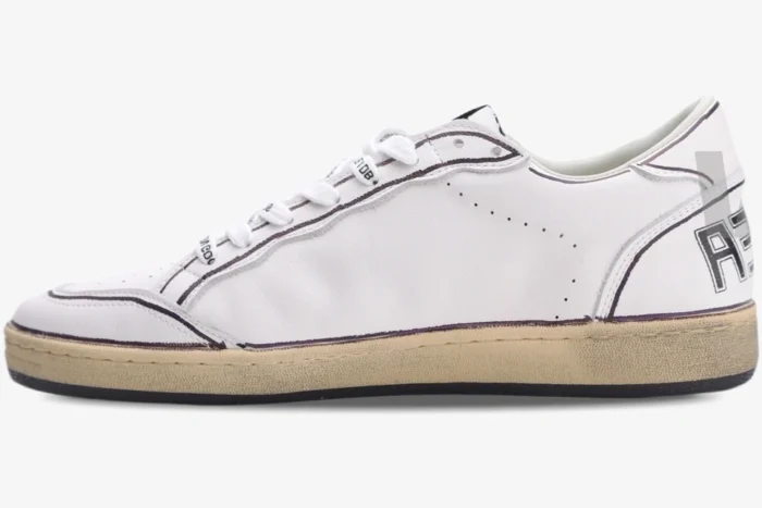 Side profile of Golden Goose Ball Star white sneakers with brown stripes and a distressed sole. - SKU GMF00117.F002575.10915