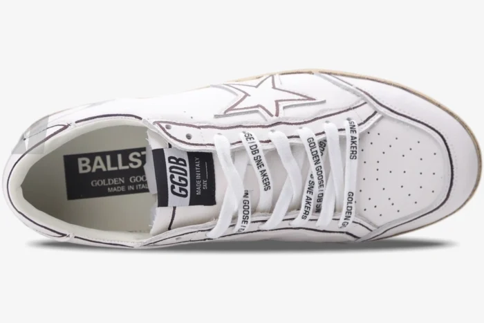 Top-down view of Golden Goose Ball Star white leather sneakers with brown outlines and branded laces. - SKU GMF00117.F002575.10915
