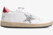 Golden Goose Ball Star sneaker in white leather with a silver glitter star and red heel tab, side view. - SKU GWF00117.F002517.10892