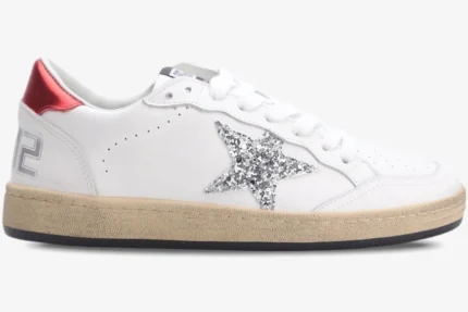 Golden Goose Ball Star sneaker in white leather with a silver glitter star and red heel tab, side view. - SKU GWF00117.F002517.10892
