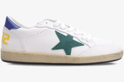 Side view of Golden Goose Ball Star white leather sneakers with a green suede star and blue heel tab. - SKU GMF00117.F002517.10887