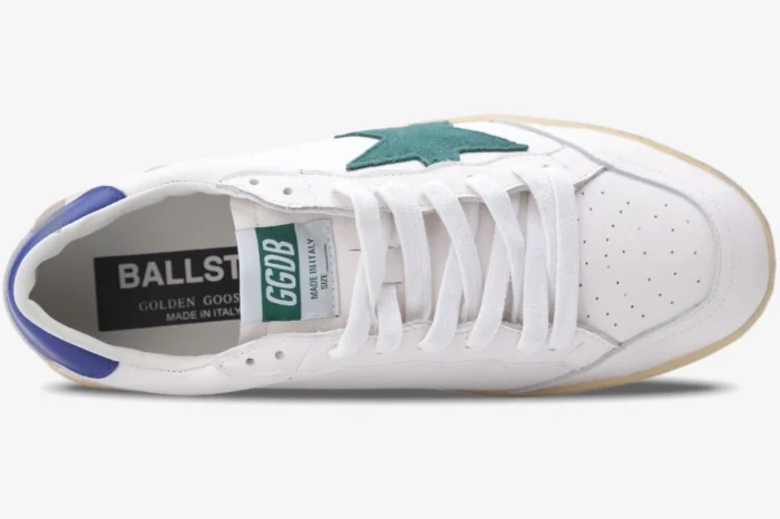 Top-down view of Golden Goose Ball Star white leather sneaker with green star and blue heel. - SKU GMF00117.F002517.10887