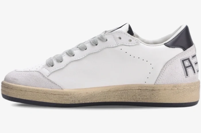 Golden Goose Ball Star sneakers in white, grey, and black distressed leather, side profile view.