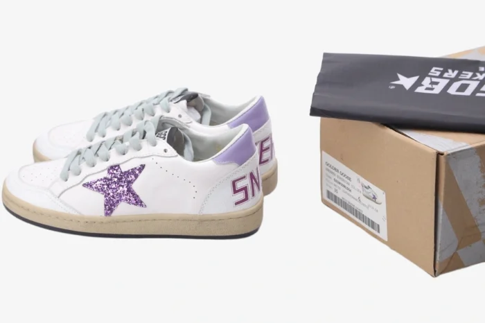 Golden Goose Ball Star white and purple glitter sneakers side view with original box and dust bag. - SKU GWF00117.F002544.10915