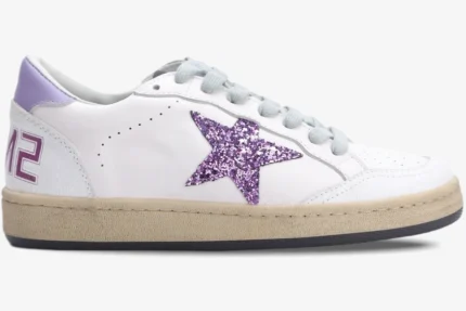 Golden Goose Ball Star white leather sneaker with purple glitter star, side profile view. - SKU GWF00117.F002544.10915