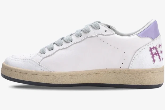 Golden Goose Ball Star white leather sneaker with purple glitter heel and beige sole, side profile view. - SKU GWF00117.F002544.10915