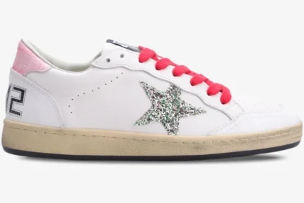 Golden Goose Ball Star white leather sneaker with red laces and silver glitter star, side profile view. - SKU GWF00117.F002517.10893