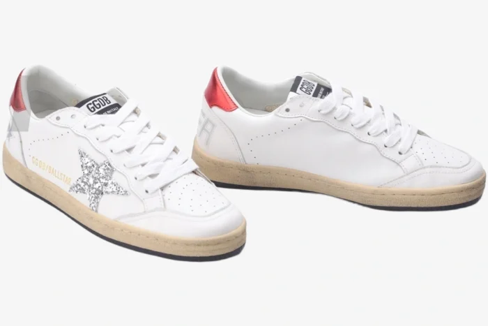 Golden Goose Ball Star white leather sneakers with silver glitter star and red heel tab, side view. - SKU GWF00117.F002517.10892