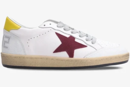 Golden Goose Ball Star sneaker in white leather with red suede star and yellow heel, side view. - SKU GMF00117.F002558.10915