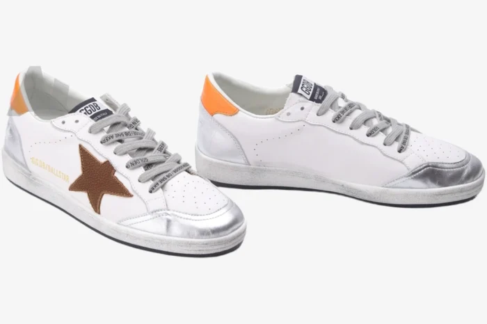 Golden Goose Ball Star white and silver sneakers with brown star, three-quarter view. - SKU GMF00117.F002585.10912