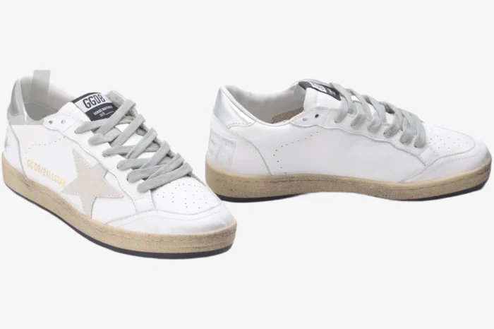 Golden Goose Ball Star white and silver distressed leather sneakers, pair shown from front and side angles. - SKU GWF00117.F002570.10925