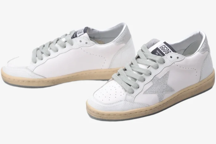 Golden Goose Ball Star white leather sneakers with silver glitter star, three-quarter view. - SKU GWF00117.F002573.10915
