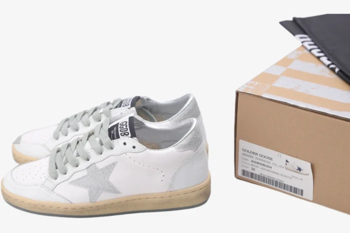 Golden Goose Ball Star white and silver glitter sneakers, side view with original box. - SKU GWF00117.F002573.10915