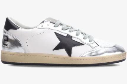 Side view of Golden Goose Ball Star white and silver distressed sneakers with a black star. - SKU GWF00117.F002517.10272