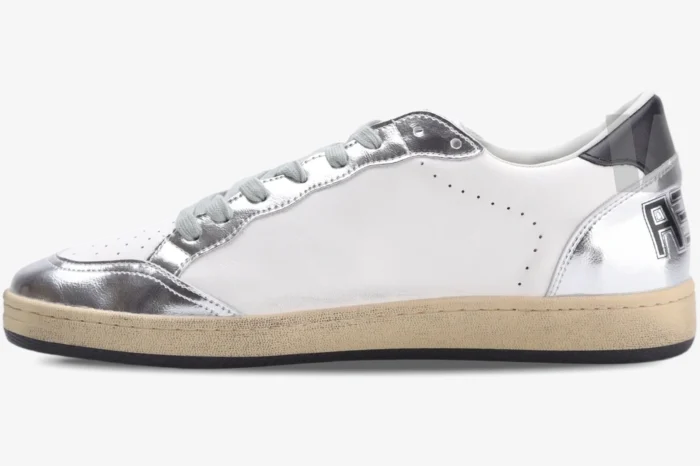 Side profile of Golden Goose Ball Star sneakers in white and silver with a distressed tan sole. - SKU GWF00117.F002517.10272