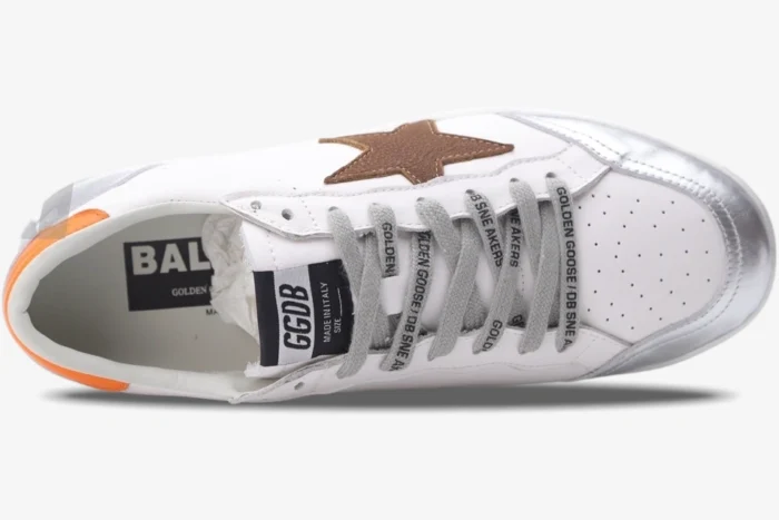 Top view of Golden Goose Ball Star sneakers in white and silver with a brown star and grey laces. - SKU GMF00117.F002585.10912