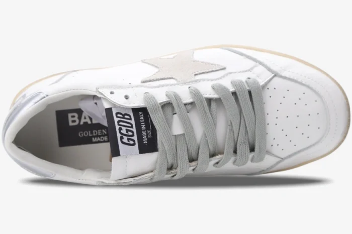 Top view of Golden Goose Ball Star white and silver distressed leather sneakers with grey laces. - SKU GWF00117.F002570.10925