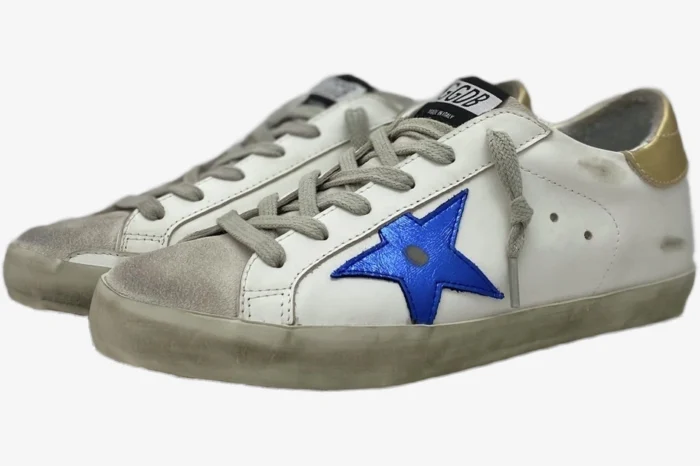 Golden Goose Super-Star white leather sneakers with metallic blue star and gold heel tab, side view. - SKU GMF00101.F000312.10272