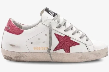 Golden Goose Super-Star white leather sneaker with rose glitter star and heel tab, side profile view. - SKU GWF00101.F000321.10273