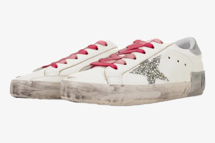 Golden Goose Superstar Incredible Woman sneakers in white with pink laces and silver glitter star, side view. - SKU GWF00101.F001241.80185