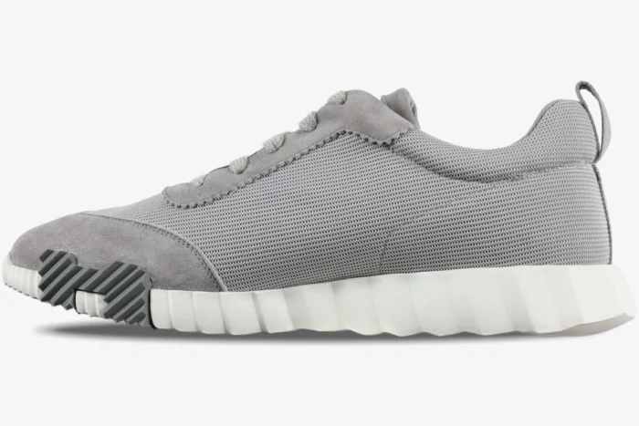 Hermès Bouncing Sneakers in grey blue mesh, side profile view with white chunky sole. - SKU H202934ZH