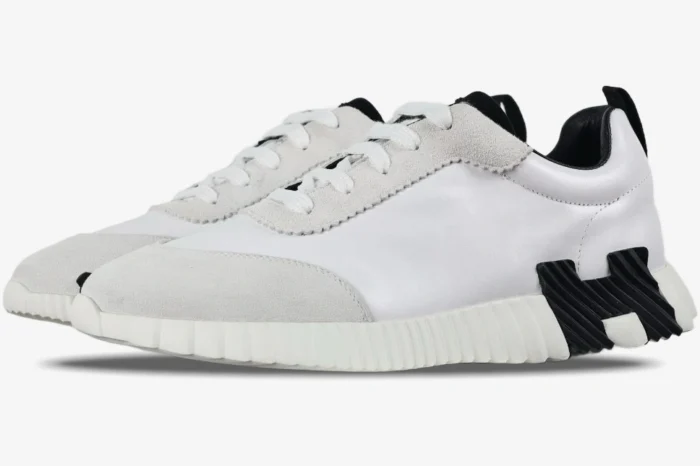 Hermes Bouncing Sneakers in white and grey with black heel detail, side profile view. - SKU H202934ZH