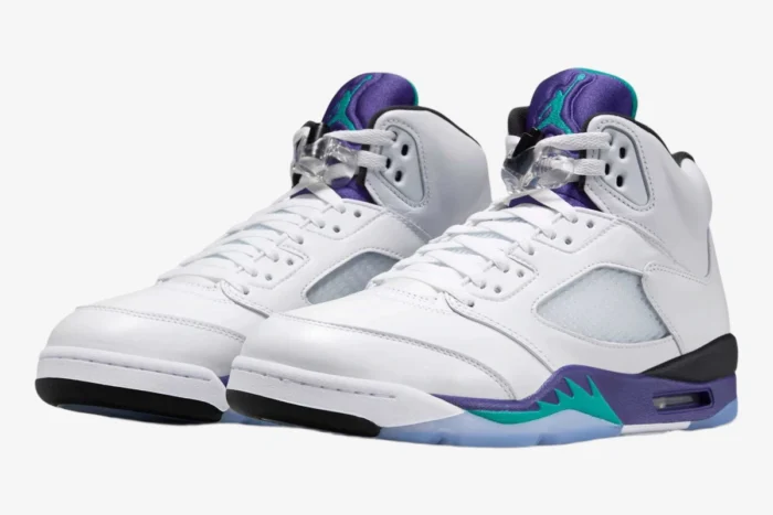 White and purple Air Jordan 5 Retro OG Grape men's sneakers in a three-quarter front view. - SKU HQ7978-100