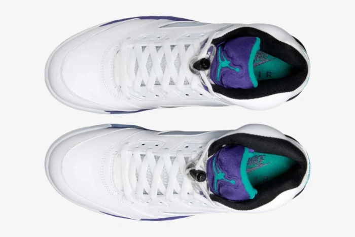 Top-down view of white Jordan 5 Retro OG Grape sneakers with purple tongues and teal accents. - SKU HQ7978-100