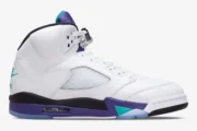 Side profile of Air Jordan 5 Retro OG Grape sneakers in white, purple, and emerald teal. - SKU HQ7978-100