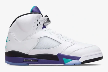 Side profile of Air Jordan 5 Retro OG Grape sneakers in white, purple, and emerald teal. - SKU HQ7978-100