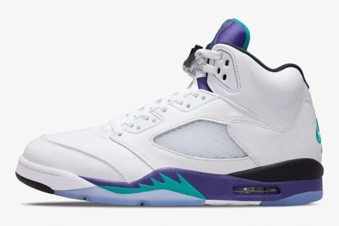 Side profile of Jordan Air Jordan 5 Retro OG Grape sneaker in white with purple and teal accents. - SKU HQ7978-100